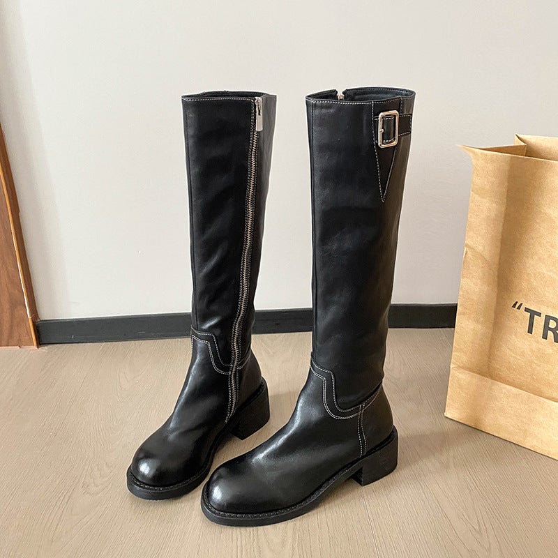 Thick Bottom Soft Leather Pleated Retro Boots Knight Women'S Boots Widened Fleece-Lined Plus Size Women'S Shoes 41-43 - Image 5